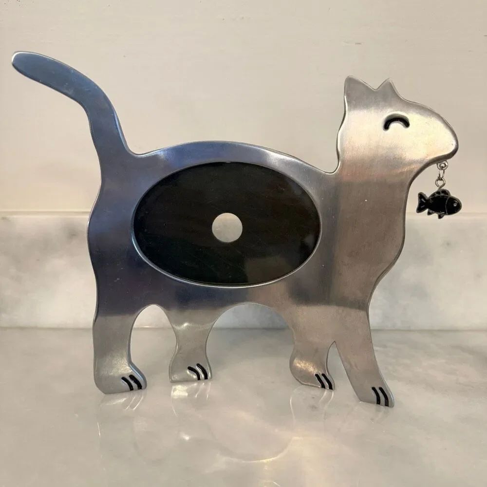Vintage Cat Shaped Brushed Aluminum Silver Tone Picture Frame with Fish Charm